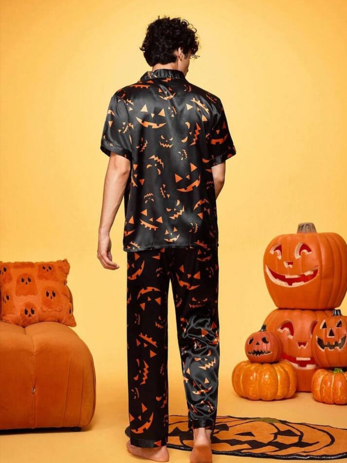 SLEEPTIME Halloween Satin Shiny Funny Pumpkin Prints Cardigan Sleepwear Set